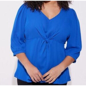 Torrid Royal Blue Under-Bust Tie Front Peplum Blouse V-Neck Polyester 1 or 1X